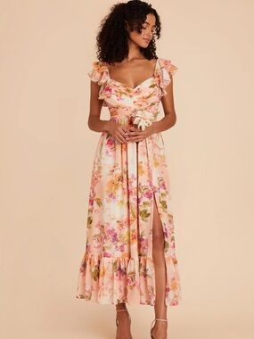 Birdy Grey Michelle Dress in Chiffon Coral Sunset Peonies - Size Large